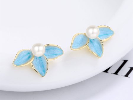 Pearl & Blue Enamel Petals Stud Earrings Online Sale