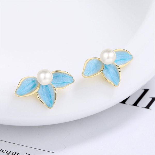 Pearl & Blue Enamel Petals Stud Earrings Online Sale