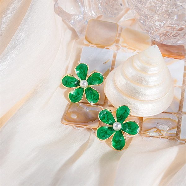 Green Enamel & Pearl Floral Stud Earrings For Cheap