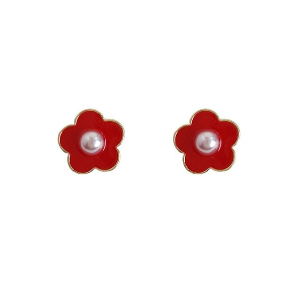 Pearl & Red Enamel Flower Stud Earrings Online Sale