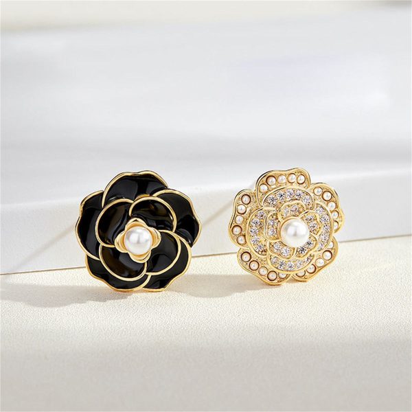 Black Enamel & Pearl Camellia Stud Earrings Online now