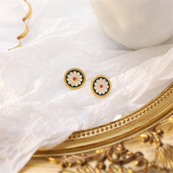 Black Enamel & 18K Gold-Plated Mum Round Stud Earrings For Discount