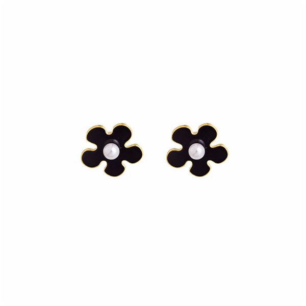 Pearl & Black Enamel 18K Gold-Plated Flower Stud Earrings Fashion