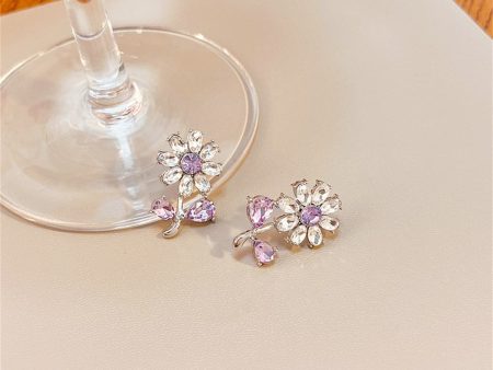 Purple Crystal & Silver-Plated Flower Stud Earrings For Cheap