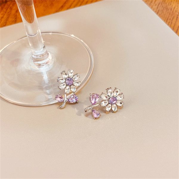 Purple Crystal & Silver-Plated Flower Stud Earrings For Cheap