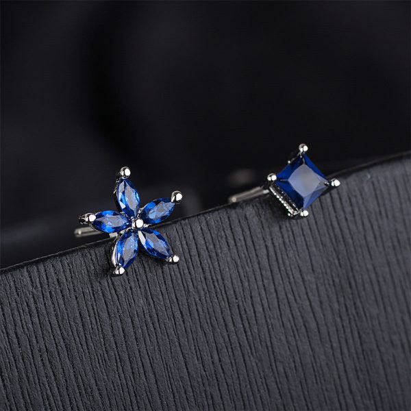 Blue Crystal & Silver-Plated Flower & Cube Stud Earrings For Discount