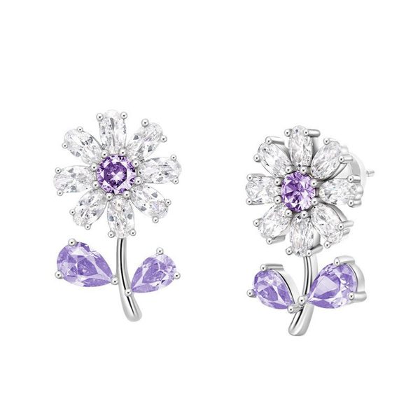 Purple Crystal & Silver-Plated Flower Stud Earrings For Cheap