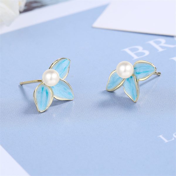 Pearl & Blue Enamel Petals Stud Earrings Online Sale