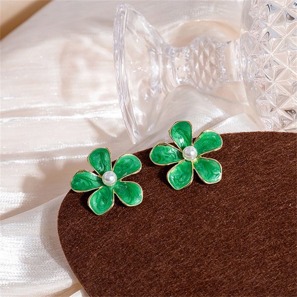 Green Enamel & Pearl Floral Stud Earrings For Cheap