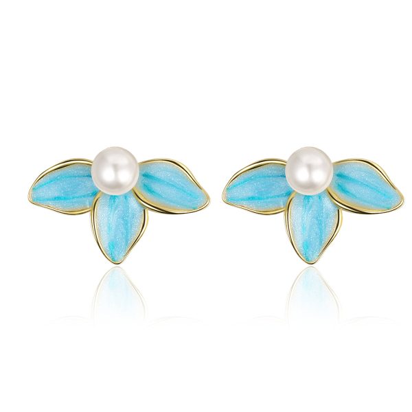 Pearl & Blue Enamel Petals Stud Earrings Online Sale