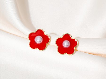 Pearl & Red Enamel Flower Stud Earrings Online Sale