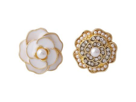 White Enamel & Pearl Camellia Stud Earrings Fashion