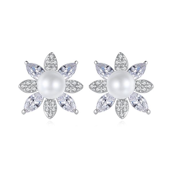 Pearl & Cubic Zirconia Crystal-Accent Flower Stud Earrings Fashion