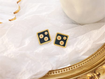 Black Enamel & 18K Gold-Plated Three Mums Square Stud Earrings Online Hot Sale