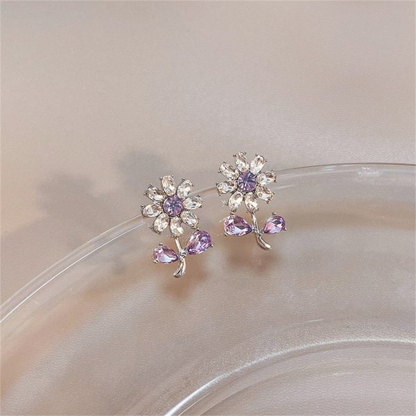 Purple Crystal & Silver-Plated Flower Stud Earrings For Cheap