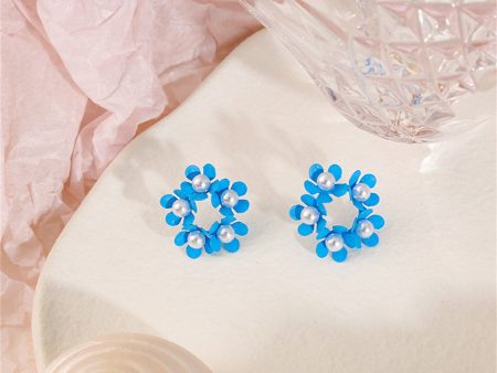 Pearl & Blue Enamel Floral Garland Stud Earrings Supply