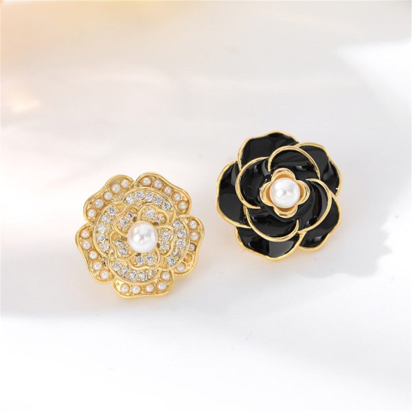 Black Enamel & Pearl Camellia Stud Earrings Online now