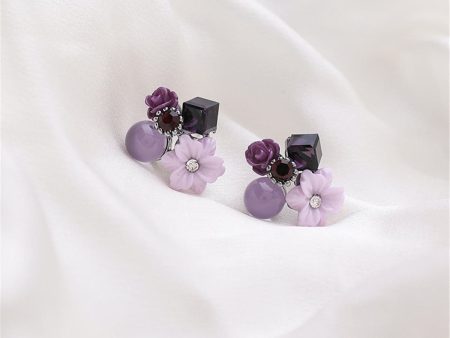 Purple Crystal & Cubic Zirconia Flower Cluster Stud Earrings on Sale