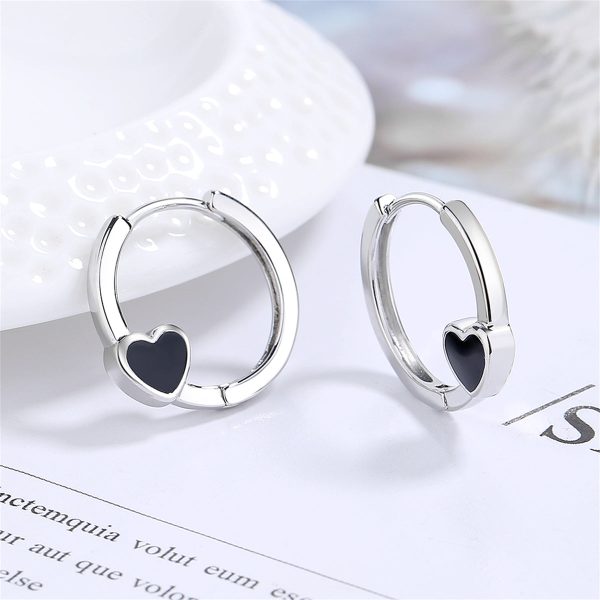 Black Enamel & Silver-Plated Heart Huggie Earrings on Sale