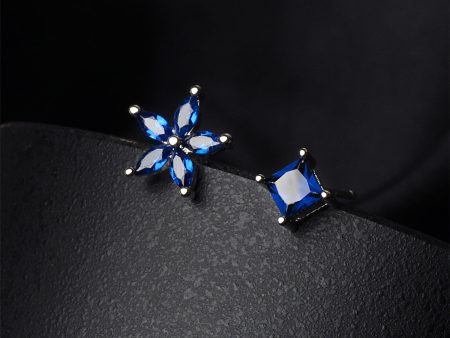 Blue Crystal & Silver-Plated Flower & Cube Stud Earrings For Discount