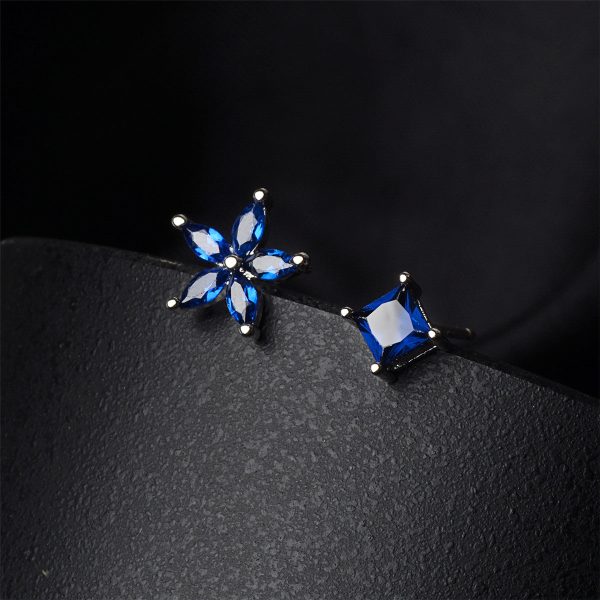 Blue Crystal & Silver-Plated Flower & Cube Stud Earrings For Discount