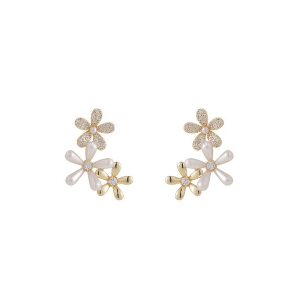 Clear Cubic Zirconia & Pearl Tri-Flower Stud Earrings Discount