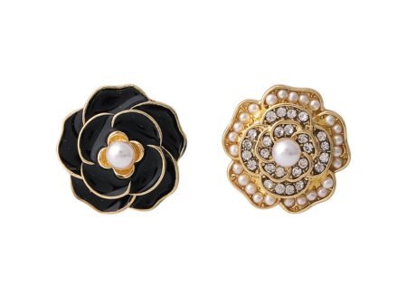 Black Enamel & Pearl Camellia Stud Earrings Online now