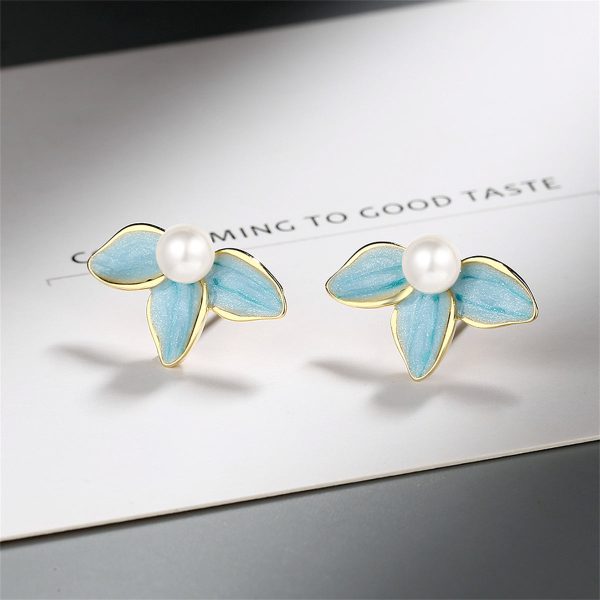 Pearl & Blue Enamel Petals Stud Earrings Online Sale