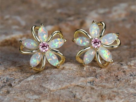 White Opal & Cubic Zirconia Flower Stud Earrings For Cheap