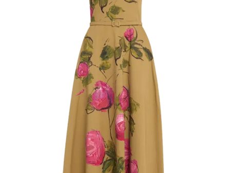 Khaki Painted Rose Midi Dress For Sale