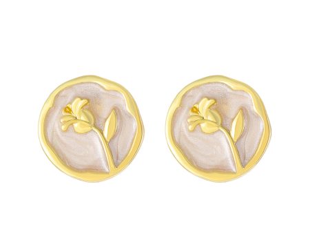 White Enamel & 18K Gold-Plated Rose Round Stud Earrings Online Sale