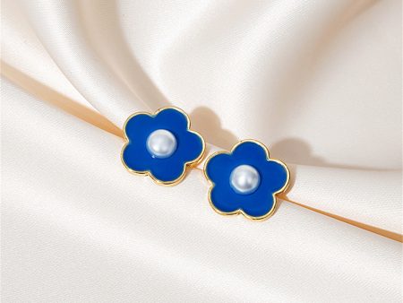 Pearl & Blue Flower Stud Earrings Cheap