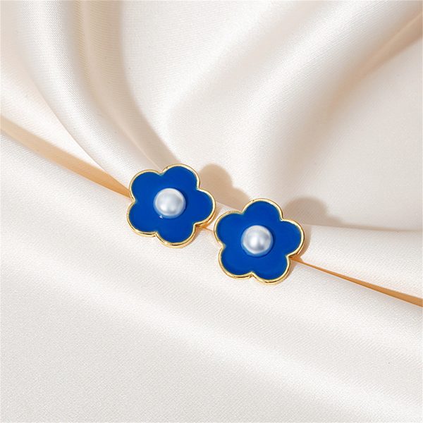 Pearl & Blue Flower Stud Earrings Cheap