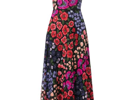 Black Floral Embellished Cap Sleeve Midi Dress For Sale