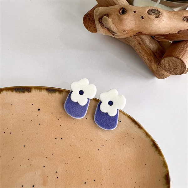 Blue & White Velvet Floral Geometric Stud Earrings For Discount