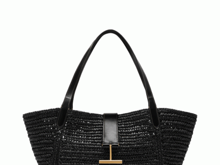 Medium Tara Raffia and Leather Tote in Black Supply