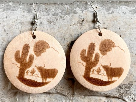 Wood & Silver-Plated Sunset Cactus Cattle Round Drop Earrings Sale