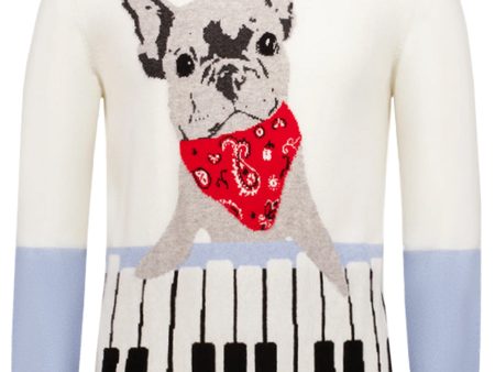 White Frenchie Playing Piano Crewneck Sweater Online Sale