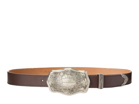 Tooled-Buckle Calfskin Belt in Mocha on Sale