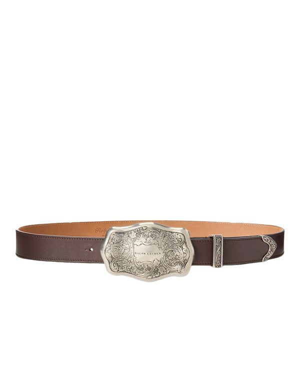 Tooled-Buckle Calfskin Belt in Mocha on Sale