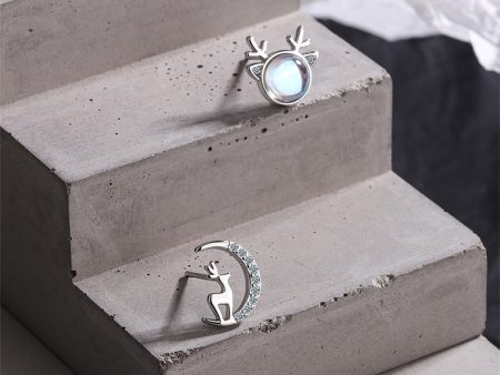 Moonstone & Silver-Plated Deer & Moon Mismatched Stud Earrings Fashion