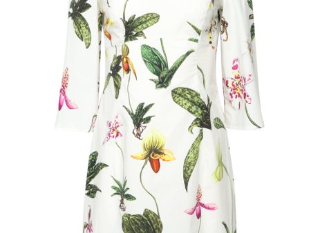 White Orchid Print Bateau Neck Mini Dress Online now