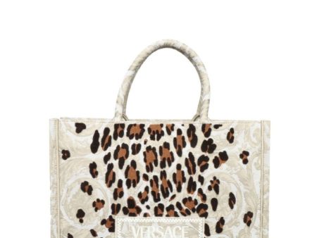 Large Athena Embroidery Jacquard Leopard Tote in Gold Online now