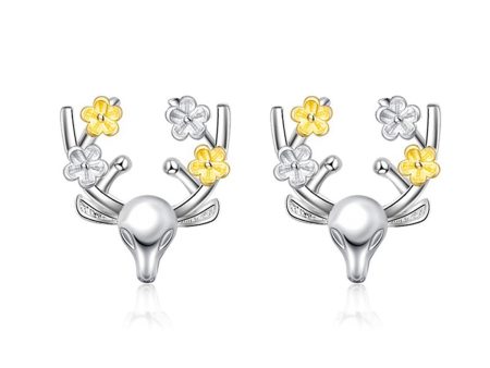 Yellow & Silver-Plated Flower Reindeer Stud Earrings Online Hot Sale