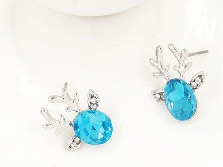 Blue Crystal & Silver-Plated Reindeer Stud Earring For Sale