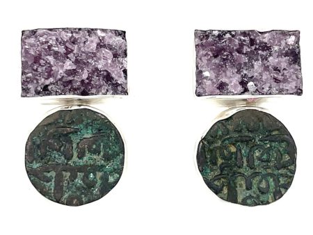 Purple Tourmaline and Hindu Shahi King Coin Earrings For Cheap