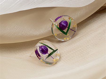 Blue Flower & Resin Silver-Plated Round Stud Earring For Cheap