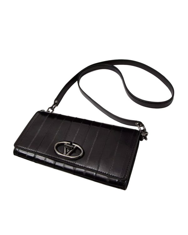 Bold VLogo Textured Leather Wallet with Shoulder Strap in Nero Online Hot Sale