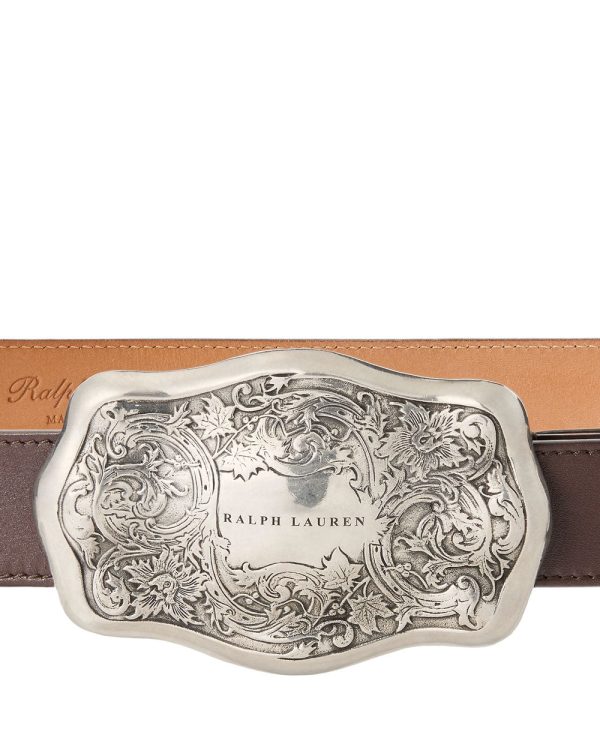 Tooled-Buckle Calfskin Belt in Mocha on Sale