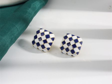 Blue & White Checkerboard Square Stud Earrings Online Sale